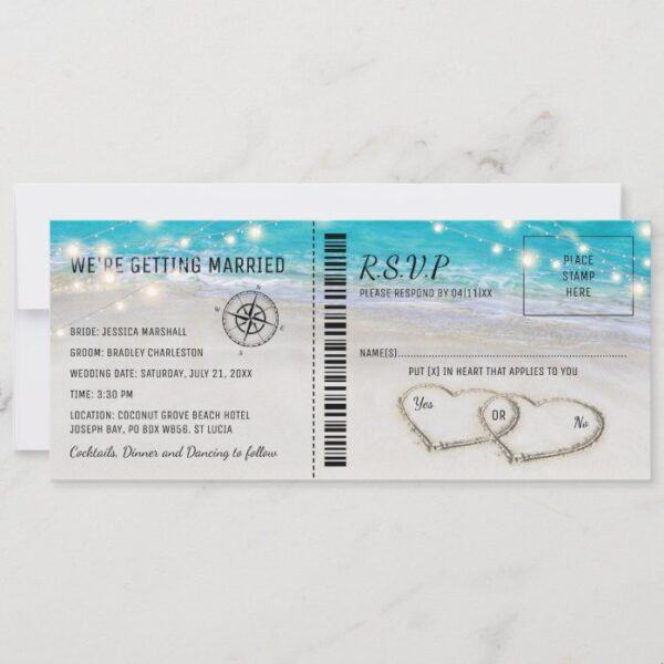 Tropical Beach Heart Wedding Ticket with RSVP Invitation