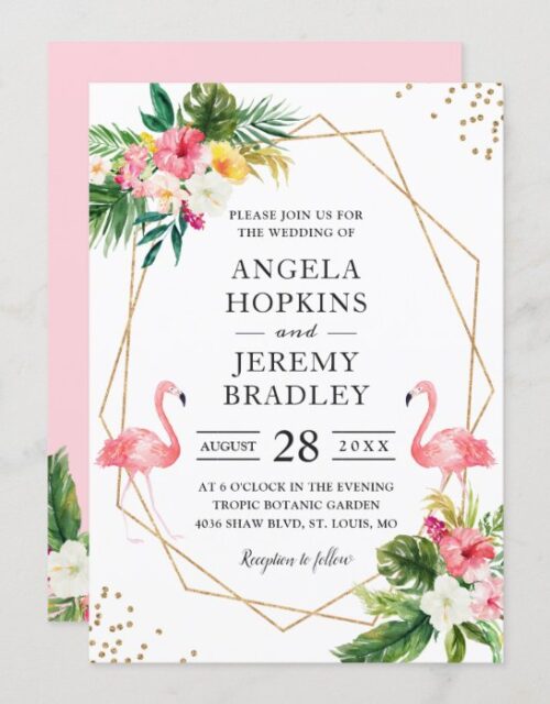 Tropical Floral Gold Frame Flamingo Summer Wedding Invitation