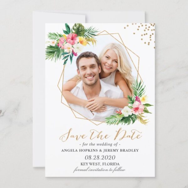 Tropical Flowers Gold Glitters Photo Save the Date