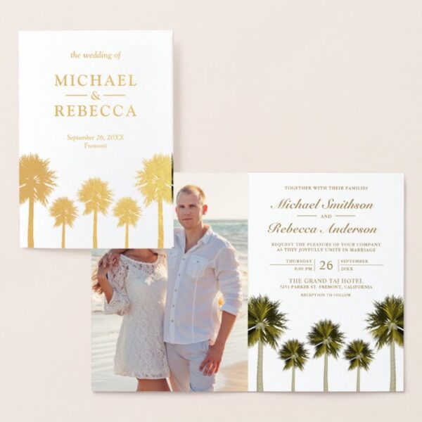 Tropical Gold Foil Palm Trees Wedding Invitation