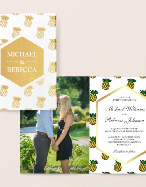 Tropical Gold Foil Pineapples Wedding Invitation