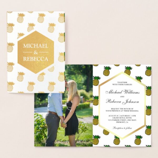 Tropical Gold Foil Pineapples Wedding Invitation