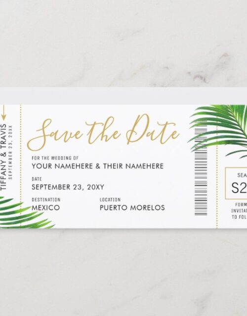 Tropical Green Palm Boarding Pass Save Date Card