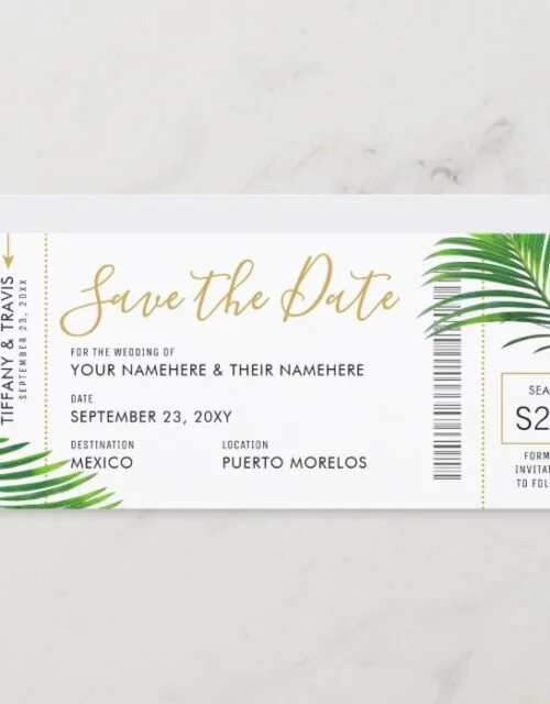 Tropical Green Palm Boarding Pass Save Date Card