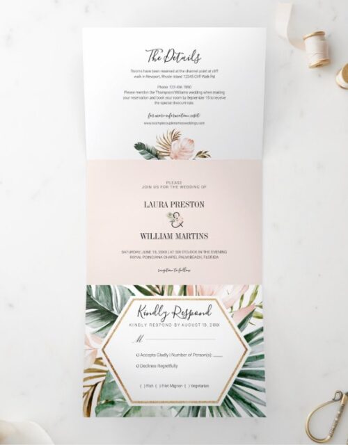 Tropical Leaves Wedding Photo with RSVP Details Tri-Fold Invitation