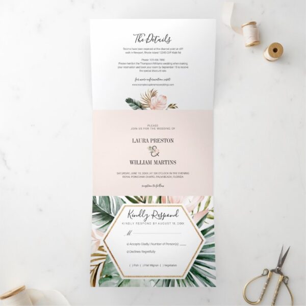Tropical Leaves Wedding Photo with RSVP Details Tri-Fold Invitation