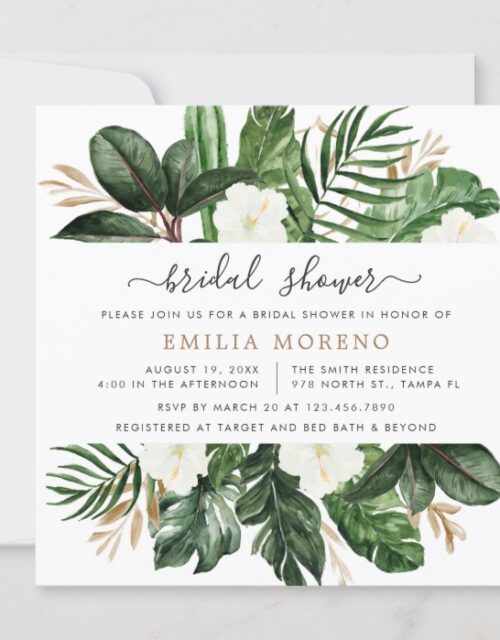 Tropical Modern Palm Cactus White Floral Bridal Invitation
