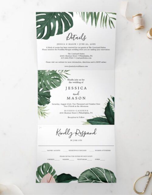 Tropical Monstera Wedding Tri-Fold Invitations