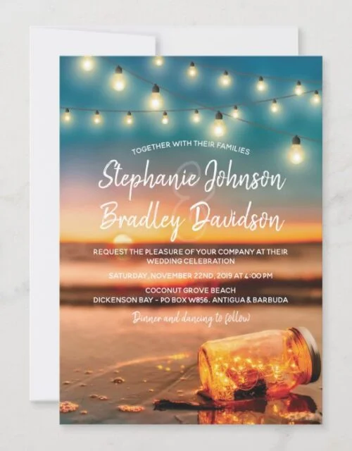 Tropical Sunset Beach Mason Jar Lights Wedding Invitation