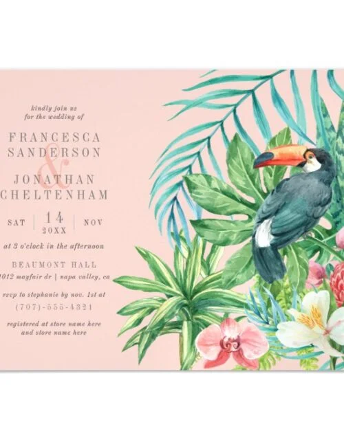 Tropical Toucan, Flowers & Leaves | Wedding Magnetic Invitation