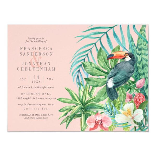 Tropical Toucan, Flowers & Leaves | Wedding Magnetic Invitation