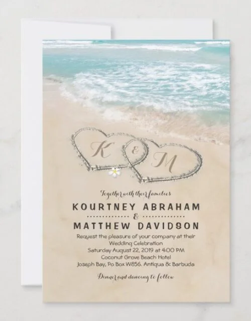 Tropical Vintage Beach Heart Shore Wedding Invitation
