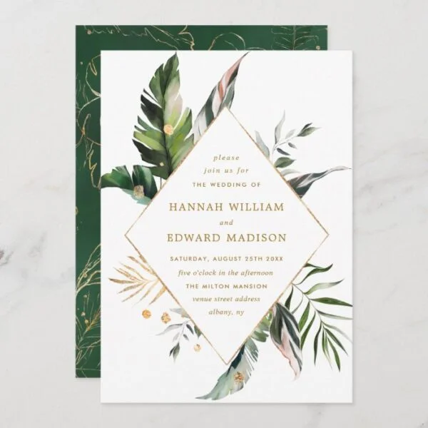 Tropical Watercolor Foliage Gold Frame Wedding Invitation