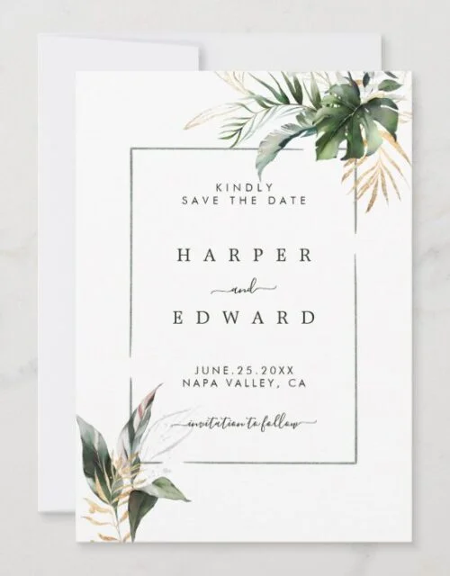 Tropical Watercolor Foliage Green & Gold Wedding Save The Date