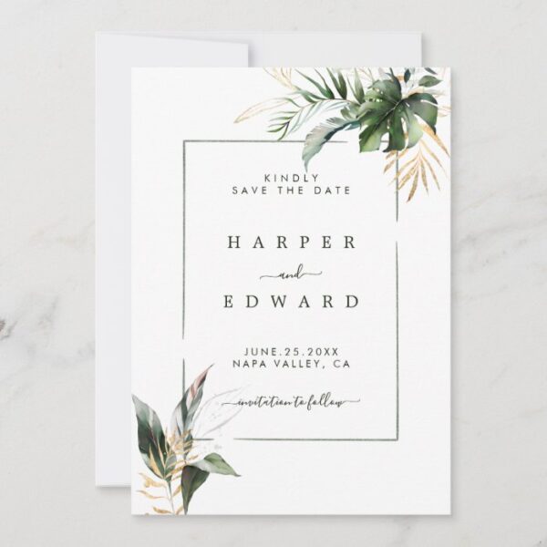 Tropical Watercolor Foliage Green & Gold Wedding Save The Date