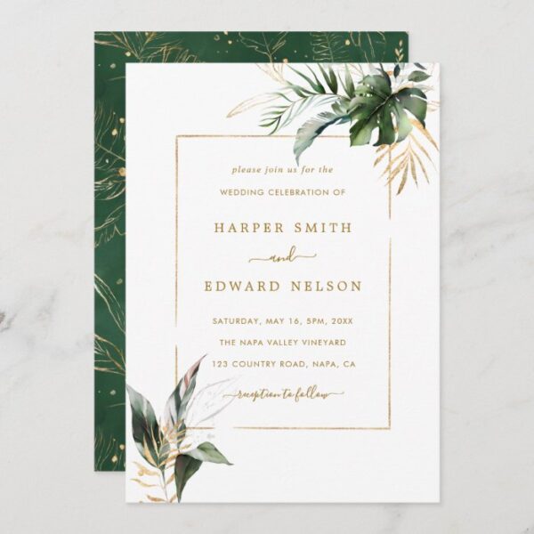 Tropical Watercolor Leaves Gold Frame Wedding Invitation
