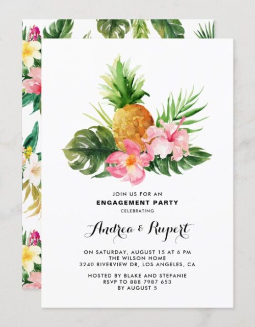 Tropical Watercolor Pineapple Engagement Party Invitation