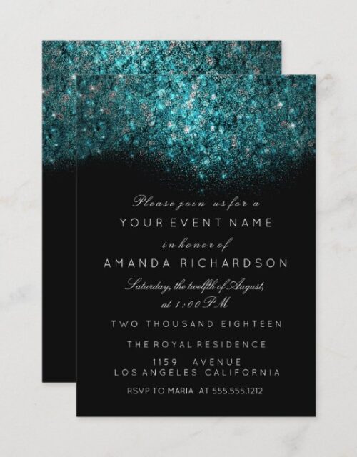 Turquoise Blue Sparkly Glitter Black White Event Invitation