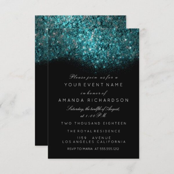 Turquoise Blue Sparkly Glitter Black White Event Invitation