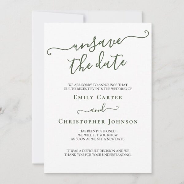 Unsave the Date Elegant Green Wedding Update Card