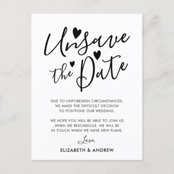 Unsave the Date Hearts Wedding Postponement Announcement Postcard