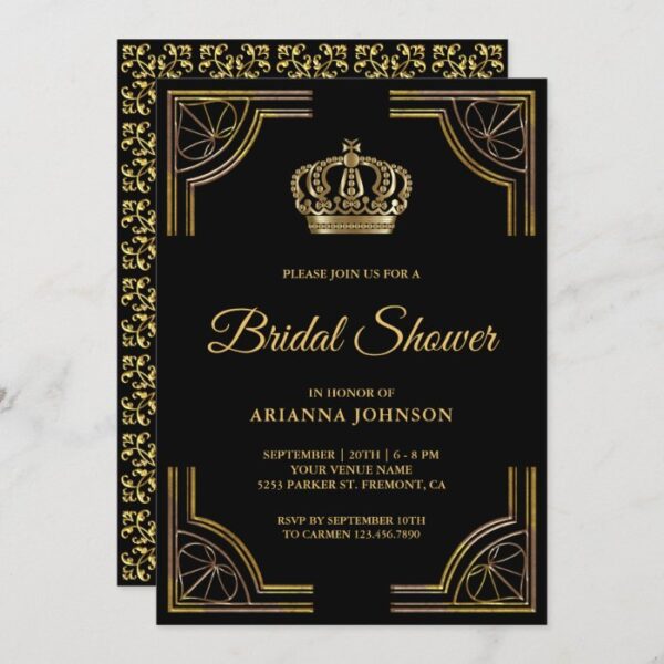Vintage Black Gold Ornate Crown Bridal Shower Invitation