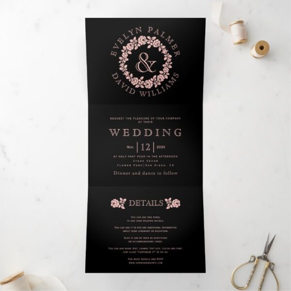 Vintage blush rose wreath black background wedding Tri-Fold invitation