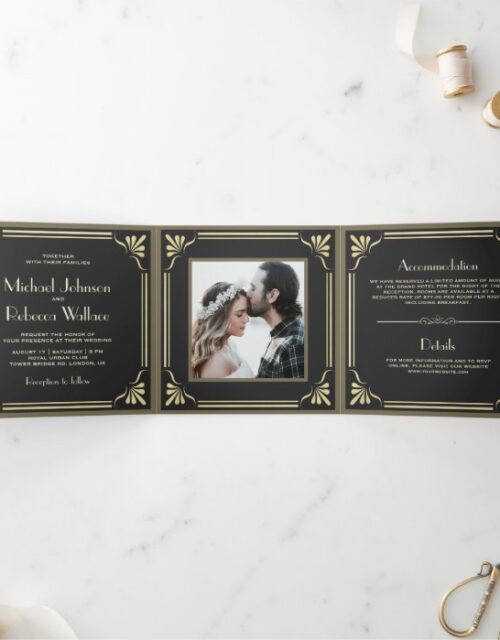 Vintage Flourish Art Deco Photo Wedding Tri-Fold Invitation