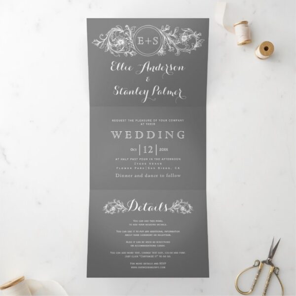 Vintage gray, white floral frame, initials wedding Tri-Fold invitation