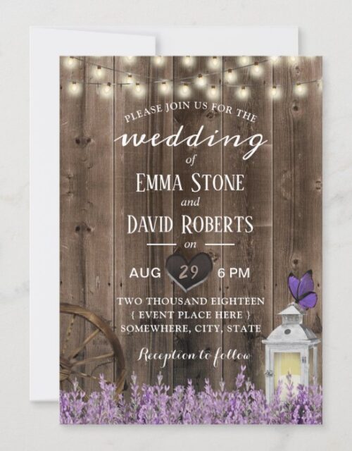 Vintage Lantern Lavender Floral Barn Wood Wedding Invitation
