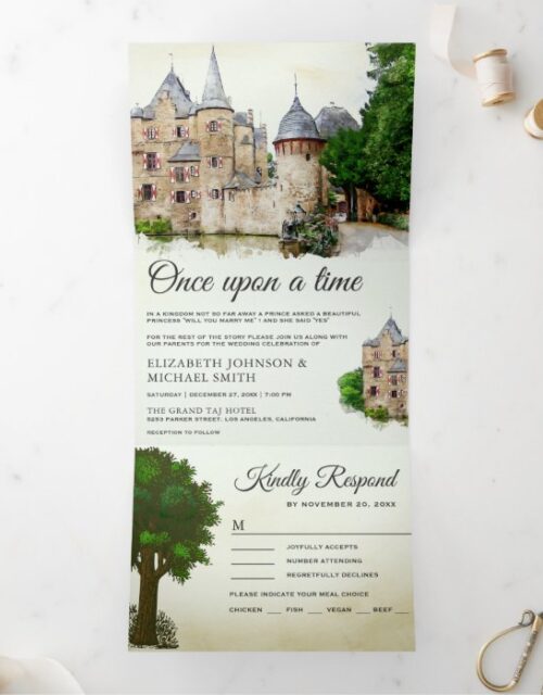 Vintage Rustic Fairytale Castle Story Book Wedding Tri-Fold Invitation