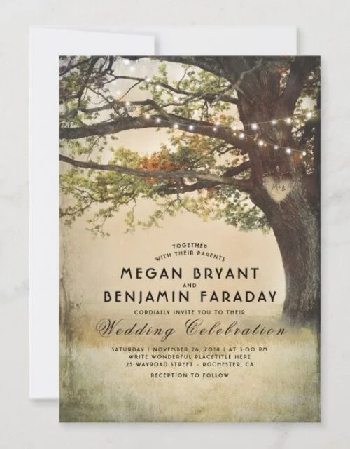 Vintage Rustic Fall Tree String of Lights Wedding Invitation