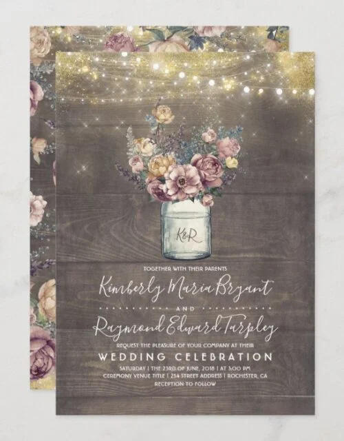 Vintage Rustic Mason Jar Mauve and Gold Wedding Invitation