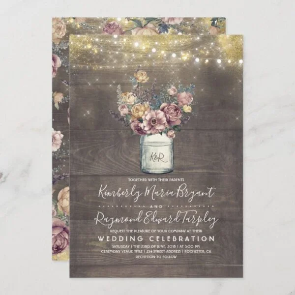 Vintage Rustic Mason Jar Mauve and Gold Wedding Invitation