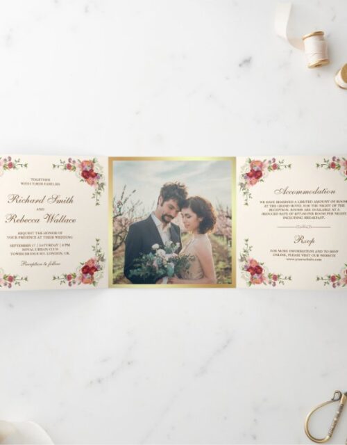 Vintage Rustic Romantic Floral Photo Wedding Tri-Fold Invitation