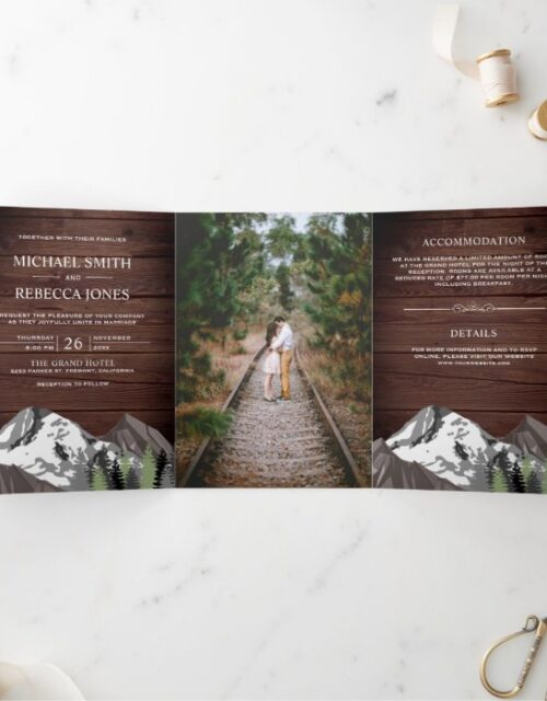 Vintage Rustic Wood Mountain Forest Photo Wedding Tri-Fold Invitation