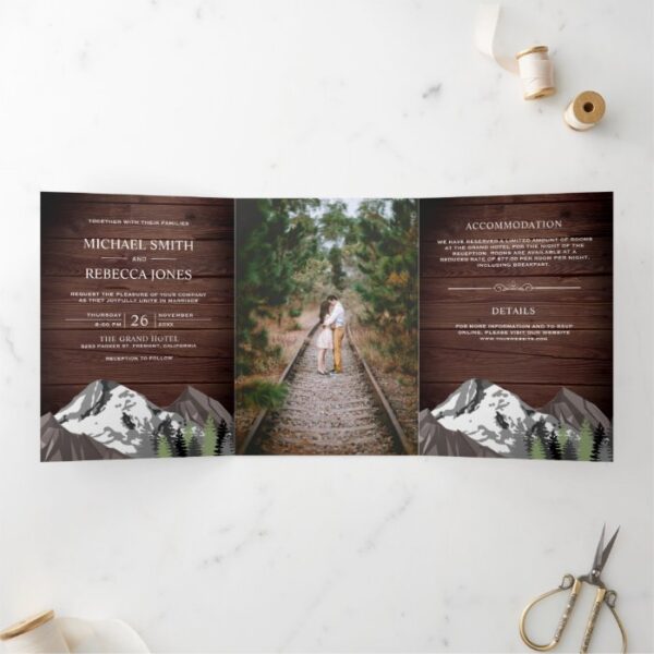 Vintage Rustic Wood Mountain Forest Photo Wedding Tri-Fold Invitation