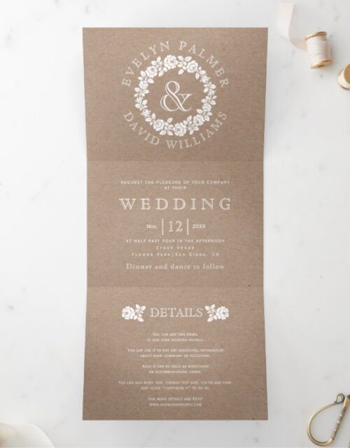 Vintage white rose wreath kraft cardboard wedding Tri-Fold invitation