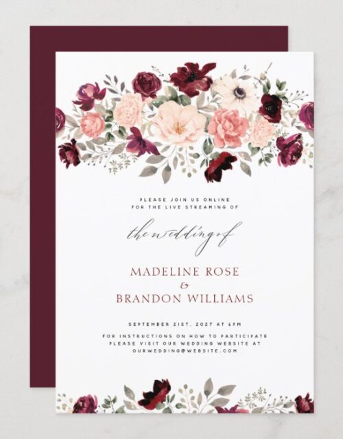 Virtual Rustic Burgundy Blush Floral Wedding Invitation