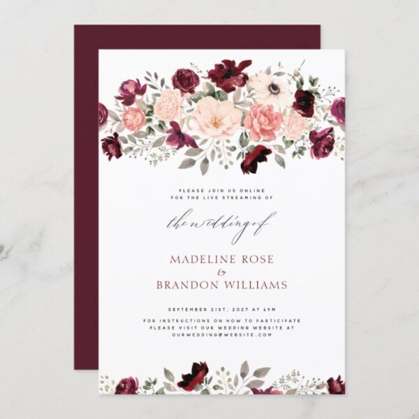 Virtual Rustic Burgundy Blush Floral Wedding Invitation