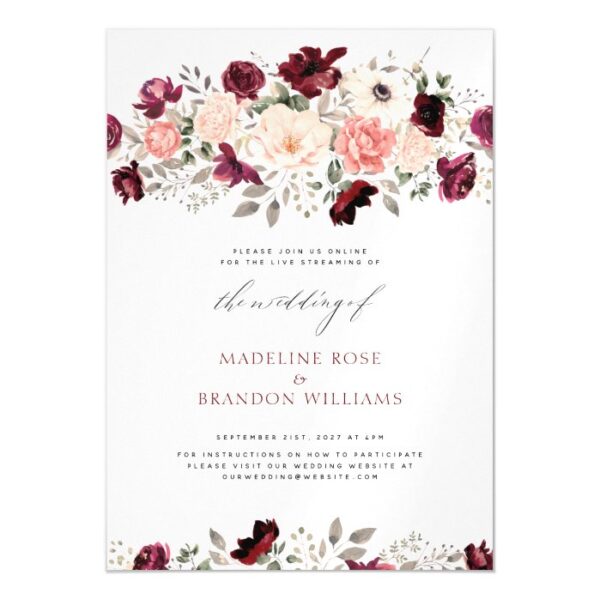 Virtual Rustic Burgundy Blush Floral Wedding Magnetic Invitation