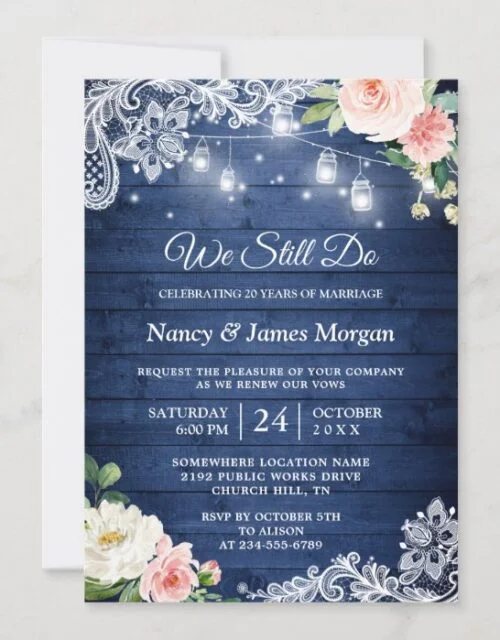 Vow Renewal Rustic Blue String Lights Lace Floral Invitation