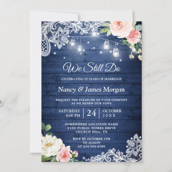 Vow Renewal Rustic Blue String Lights Lace Floral Invitation