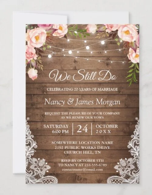 Vow Renewal Rustic Wood String Lights Lace Floral Invitation