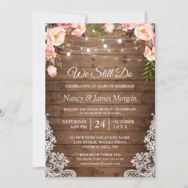 Vow Renewal Rustic Wood String Lights Lace Floral Invitation