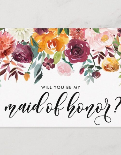 Watercolor Autumn Blooms Be My Maid of Honor Invitation Postcard