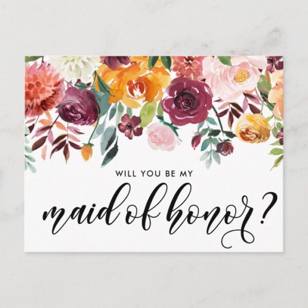 Watercolor Autumn Blooms Be My Maid of Honor Invitation Postcard