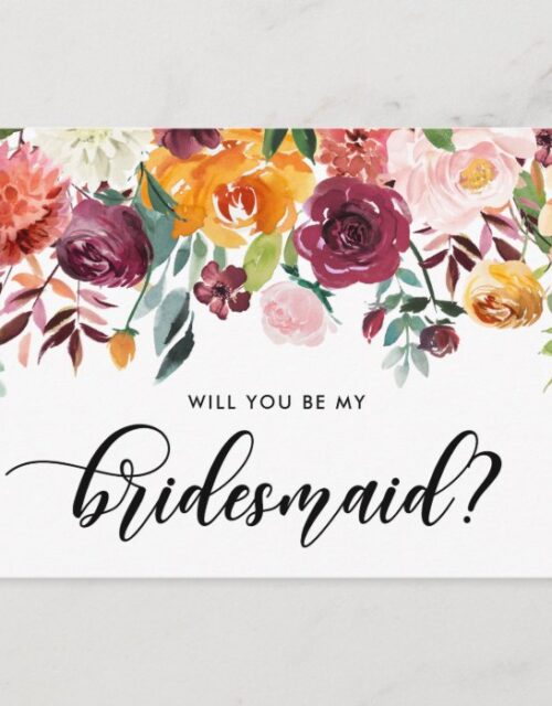 Watercolor Autumn Blooms Will You Be My Bridesmaid Invitation Postcard