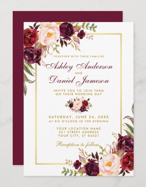 Watercolor Burgundy Floral Gold Wedding Invitation