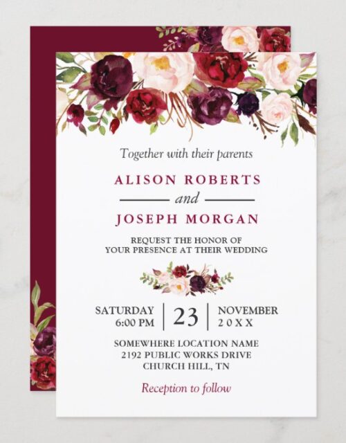 Watercolor Burgundy Red Floral Rustic Boho Wedding Invitation